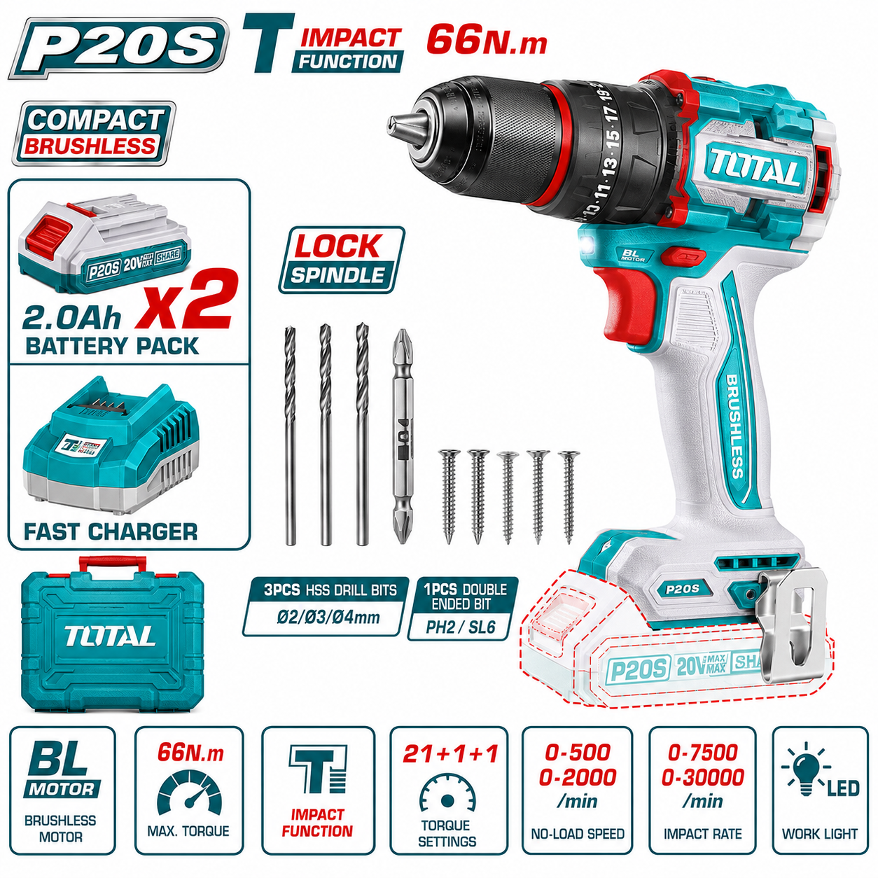 BRUSHLESS CORDLESS IMPACT 20V DRILL 13MM - B&C KIT ECL-ID66B (TIDLI20668)