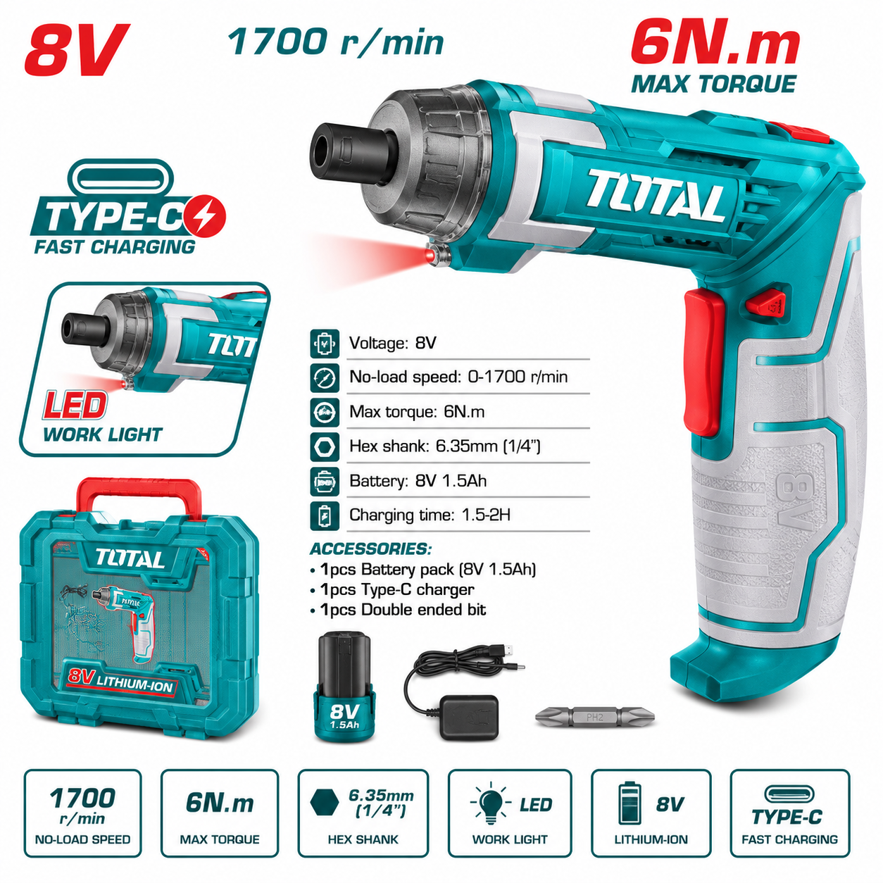 8V Cordless Screwdriver with USB-C Charging & LED Light (ECL-CSD8V)
