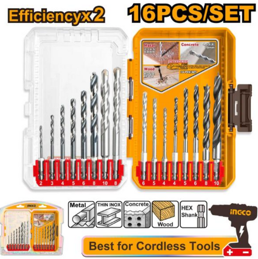 INGCO DRILL BIT SET METAL MAS WOOD 16 PCS PLAS CASE