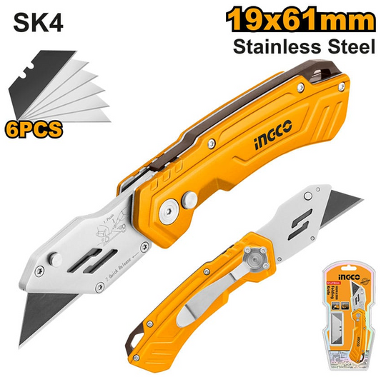 INGCO KNIFE FOLDING 61X19MM+6BL ALUM
