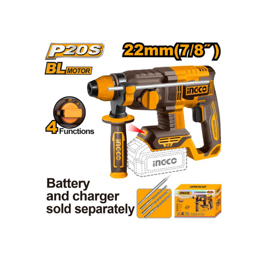 INGCO 20V PS+ C/L ROTARY DRILL B/L+ ACC 4PC NO B/C