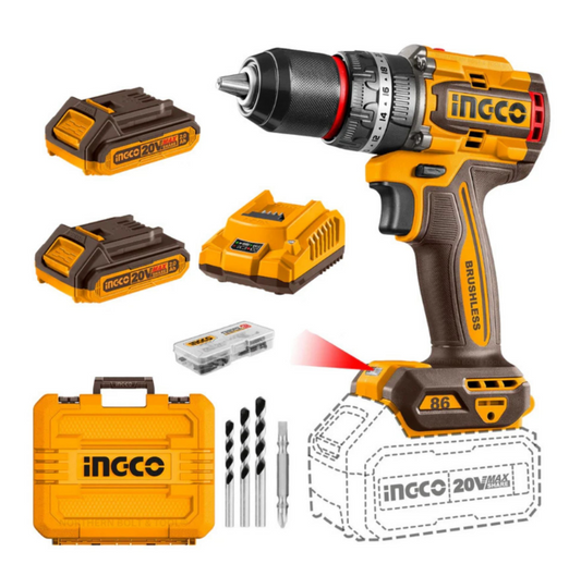 INGCO 20V IMPACT DRILL 86NM KIT 2 X 2.0AH BATT AND CHARGER