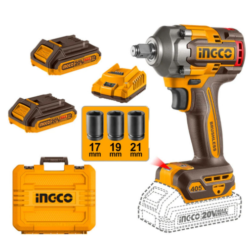 INGCO 20V IWRENCH KIT 1/2" 405NM INCL.2X 2A.H BATT & CHARG WITH 3PC I/SOCKET SE