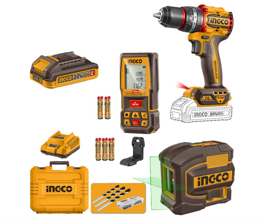 INGCO 20V 3-IN-1 COMBO (DRILL+SELF LEVELING LASER+2x2.0AH BATT)